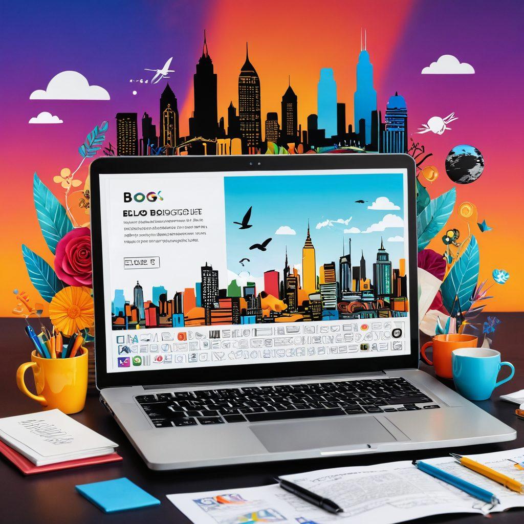 A captivating digital collage depicting a laptop open to a vibrant blog page, surrounded by colorful elements representing SEO tools and guest blogging icons. Include a quill pen and an ink bottle, symbolizing storytelling. In the background, a faint city skyline to indicate the online world. Use a warm color palette to evoke creativity and storytelling. super-realistic. vibrant colors. 3D.