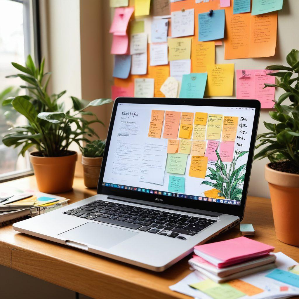 An artistic representation of a blogger's workspace, featuring a laptop displaying a colorful blog interface, surrounded by vibrant sticky notes containing brainstormed ideas, an open notebook filled with sketches, a steaming coffee cup, and a potted plant for a touch of nature. The atmosphere should evoke creativity and engagement, with warm lighting emphasizing the workspace. super-realistic. vibrant colors. cozy background.