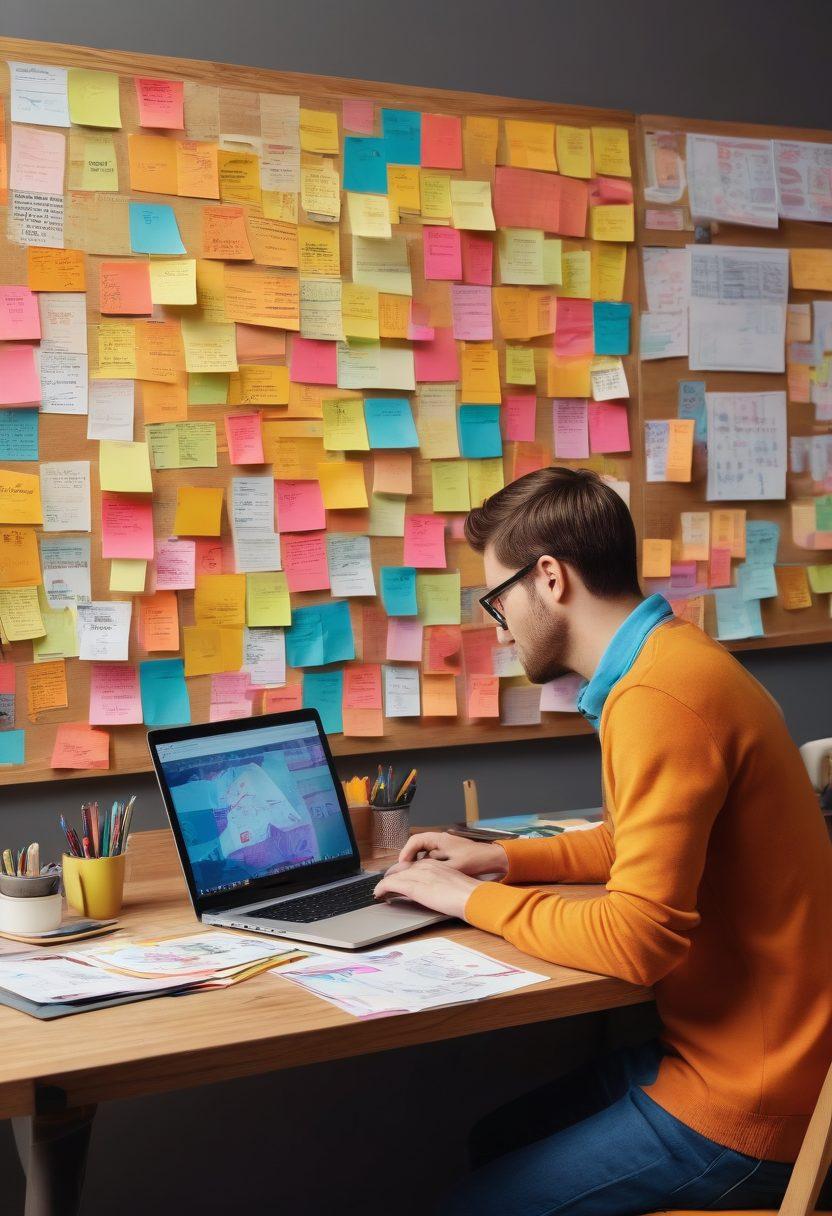 A captivating workspace scene featuring an open laptop on a wooden desk, surrounded by colorful sticky notes and sketches. A person with vibrant clothing is animatedly discussing content ideas with a diverse group of collaborators. In the background, a wall adorned with visual storytelling elements such as graphs and illustrations. Bright, engaging colors enhance the atmosphere of creativity and collaboration. vibrant colors. super-realistic.
